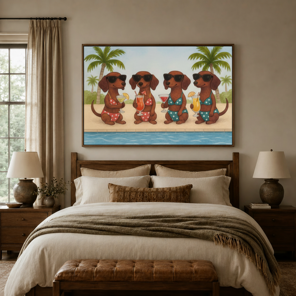 Dachshund pool party bikini cartoon canvas wall art displayed above warm neutral bedroom headboard