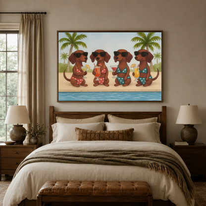 Dachshund pool party bikini cartoon canvas wall art displayed above warm neutral bedroom headboard