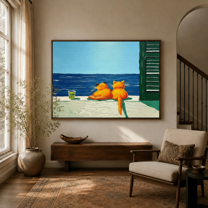 Pop art orange cats canvas wall art hanging in a cozy entryway with wood furniture and natural light