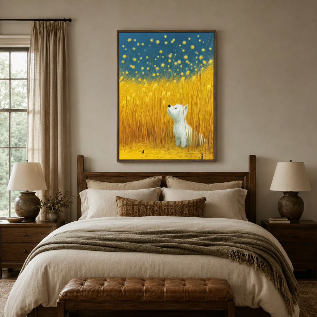 Fantasy Westie dog firefly canvas wall art hung above wooden bed in cozy warm-toned farmhouse bedroom