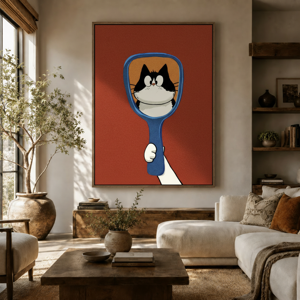 Retro cat mirror canvas print hanging in a warm modern living room with olive tree and cream sofa