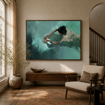 Expressionist teal figure canvas wall art displayed above console in warm neutral entryway