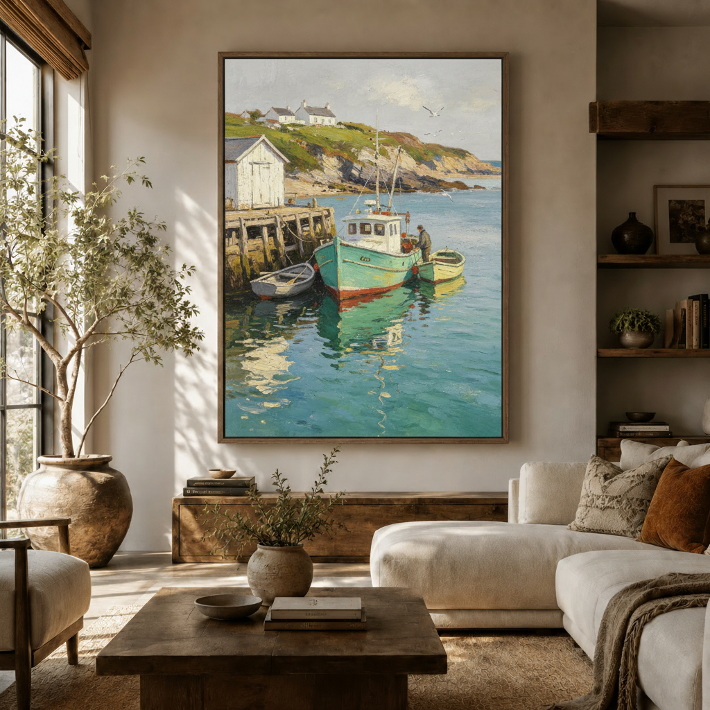 Impressionist harbor canvas print displayed in warm living room with white sofa and natural light