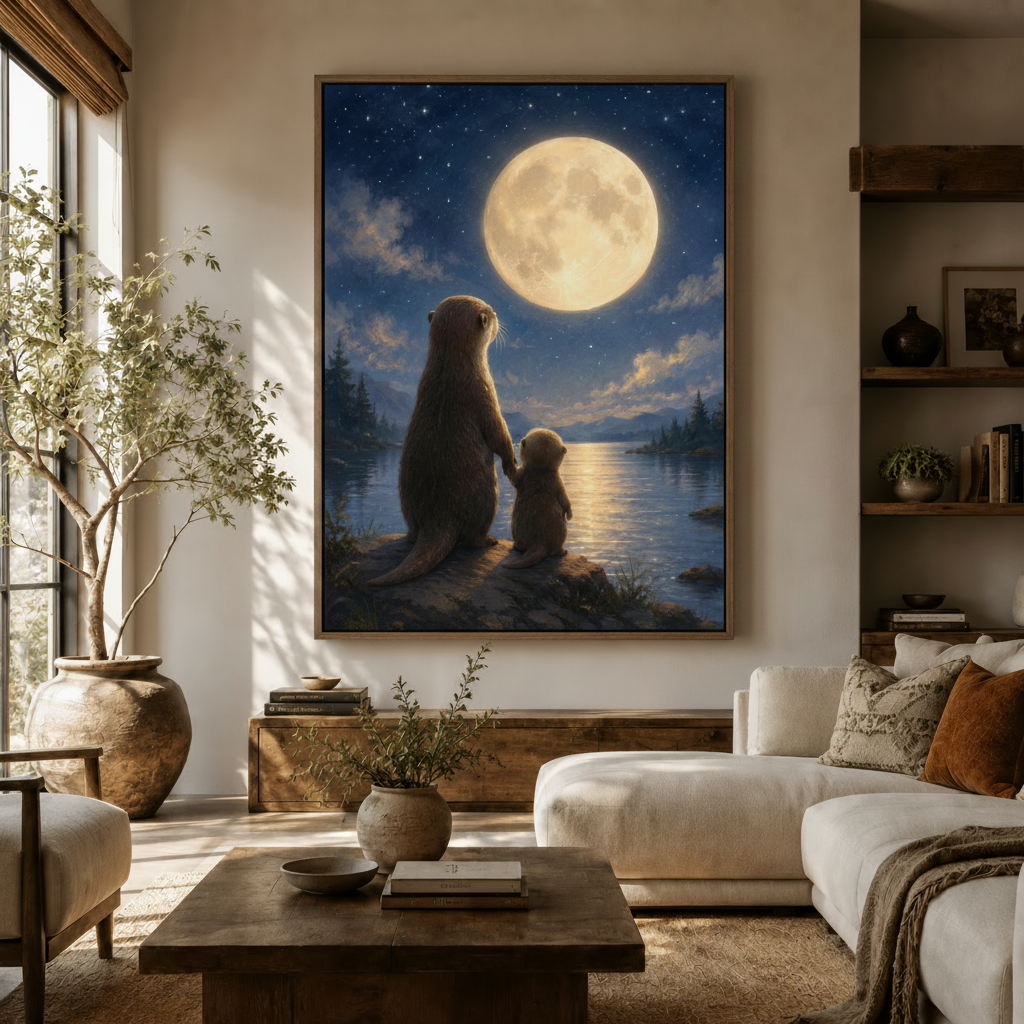 Moonlit otters canvas wall art displayed in a warm neutral living room above a linen sofa