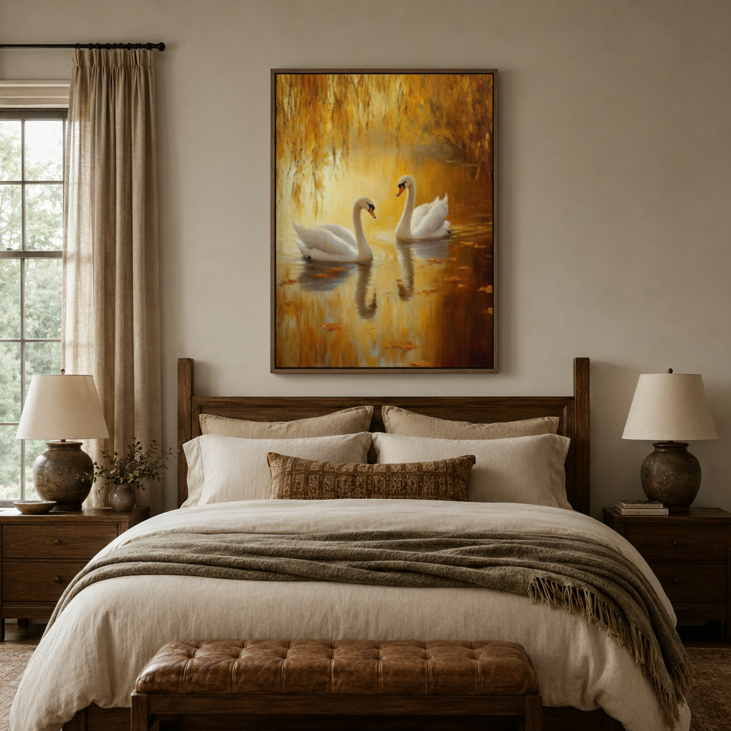 Swan couple autumn pond classical canvas hung above walnut bed in warm neutral bedroom