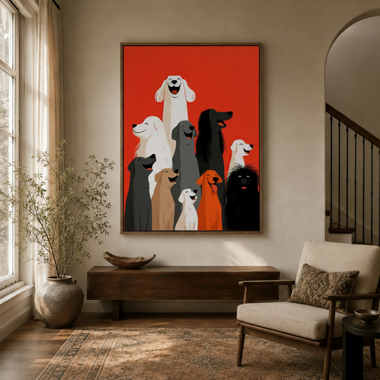 Happy dogs illustration canvas wall art displayed in warm neutral entryway with console table