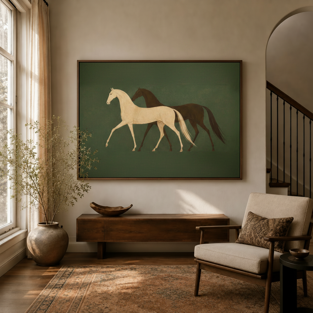 Minimalist two horses canvas print displayed above console table in warm beige entryway