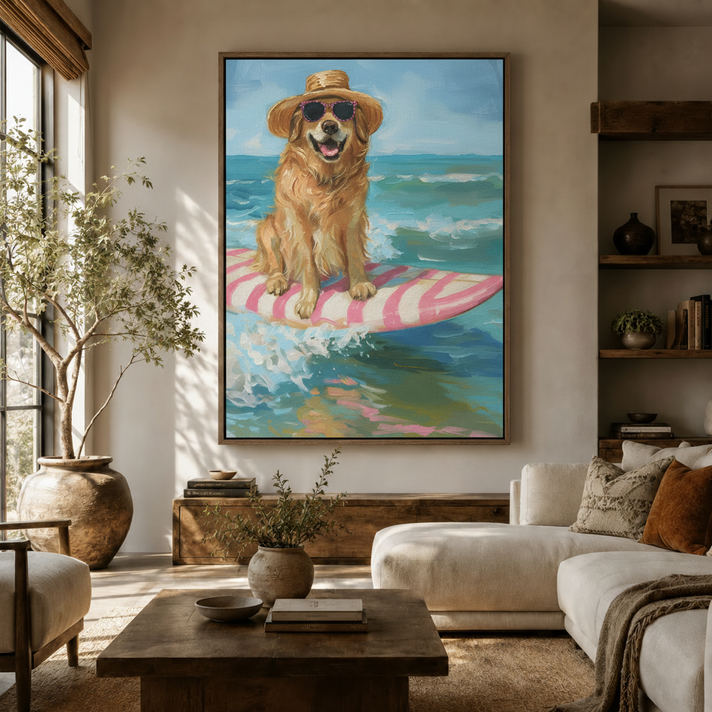 Golden retriever surfing canvas art print displayed in warm modern living room above wooden sideboard