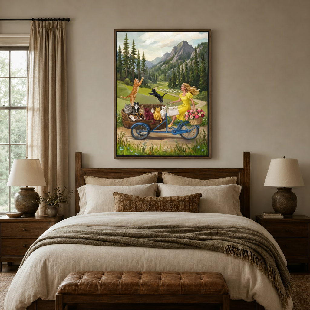 Whimsical woman bicycle cats mountain canvas hung above walnut bed in warm neutral bedroom