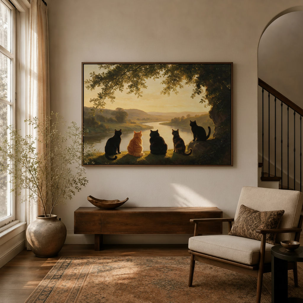 Vintage cat oil painting canvas in dark walnut frame above wooden console in warm living room