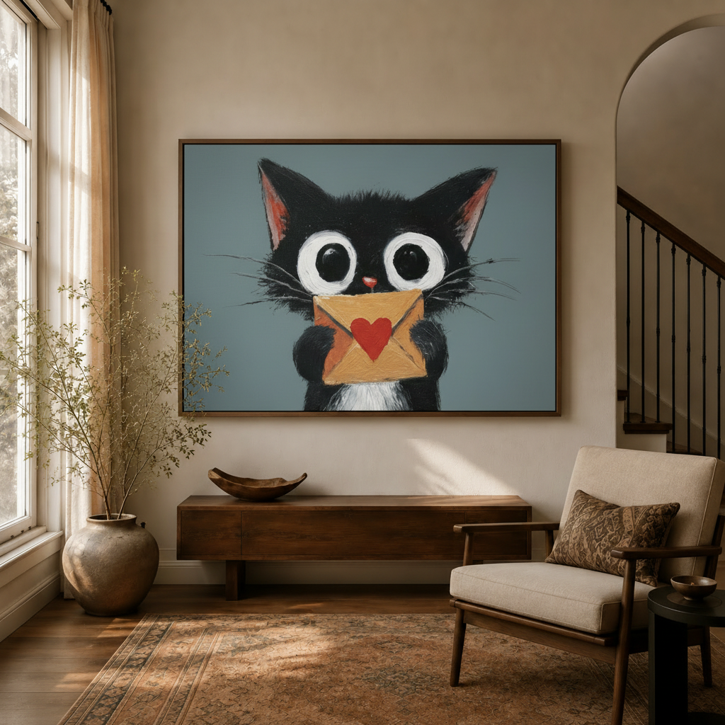 Cute black cat holding heart love letter canvas wall art in walnut frame, warm neutral entryway setting