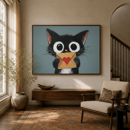 Cute black cat holding heart love letter canvas wall art in walnut frame, warm neutral entryway setting