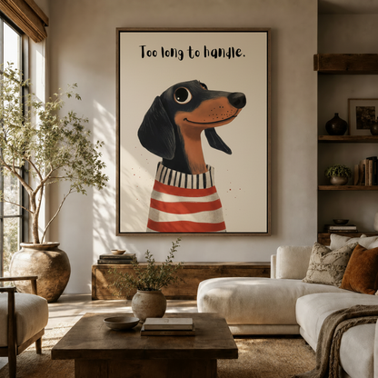 Dachshund wall art canvas in walnut floating frame above living room sideboard with olive tree