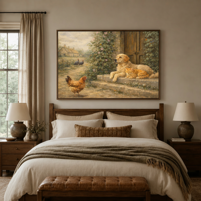 Golden Retriever and orange tabby cat farmyard vintage canvas wall art above warm neutral bedroom headboard