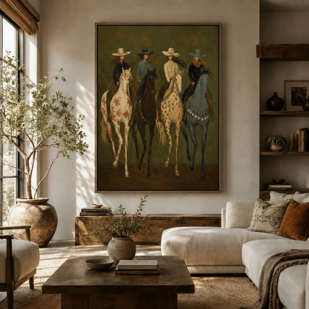 Western art canvas print of four cowgirl riders displayed above sideboard in warm modern living room