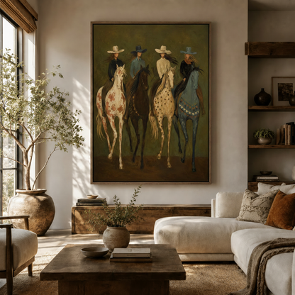 Western art canvas print of four cowgirl riders displayed above sideboard in warm modern living room