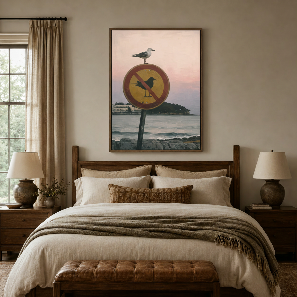 Seagull on No Birds sign canvas wall art displayed in cozy neutral bedroom above wooden bed