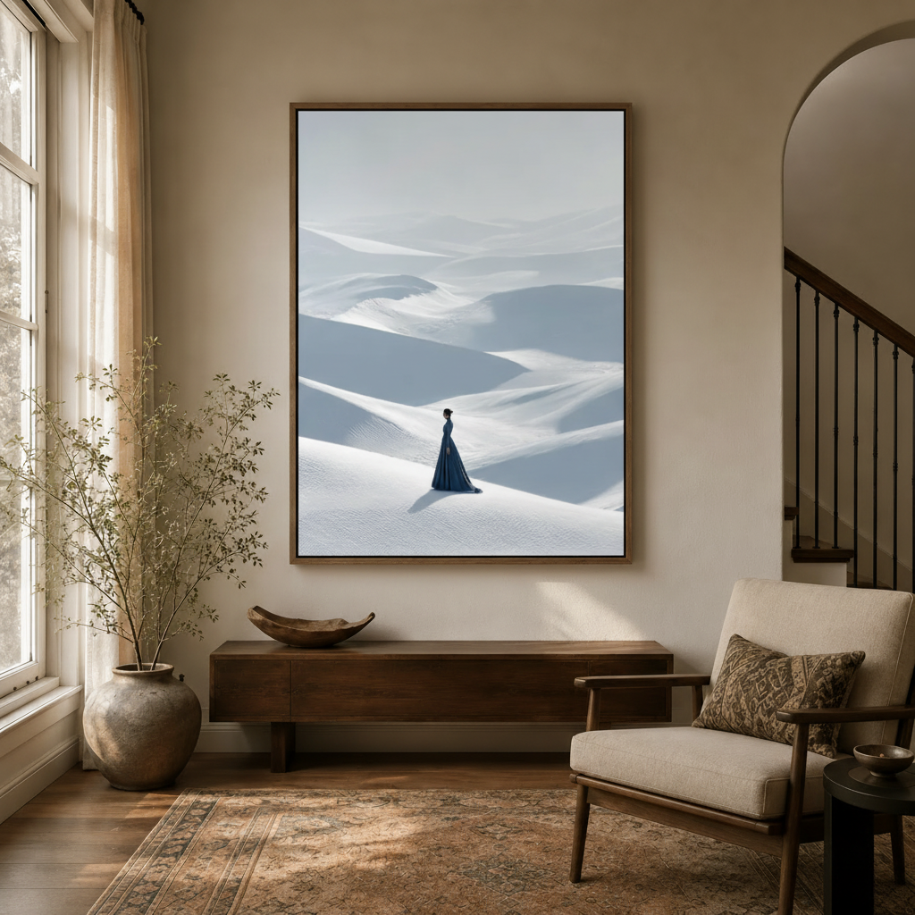 Minimalist desert figure canvas print displayed in warm neutral entryway with wooden console