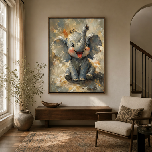 Cute baby elephant canvas wall art displayed in a warm neutral entryway beside a wooden console and armchair