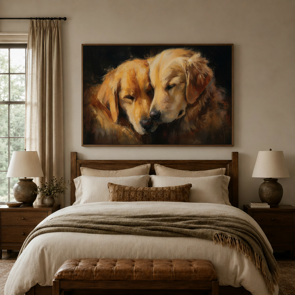 Two golden retrievers resting together classical canvas wall art above cozy bedroom headboard