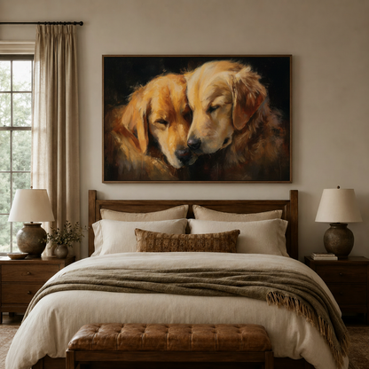 Two golden retrievers resting together classical canvas wall art above cozy bedroom headboard