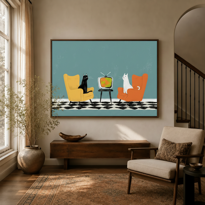 Mid-century retro cat canvas print displayed above entryway console in warm beige hallway