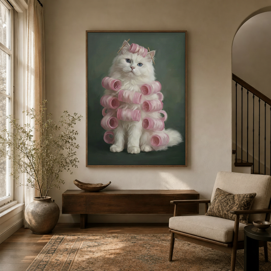 Funny white Persian cat canvas wall art with pink curlers displayed in a warm entryway above a walnut console table