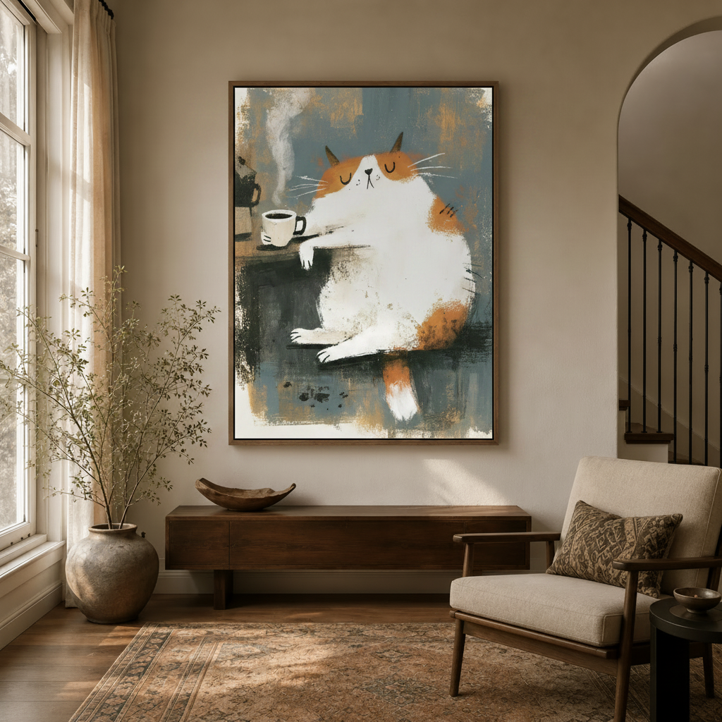 Chubby cat coffee whimsical canvas art in walnut float frame hanging in warm neutral entryway with arched doorway