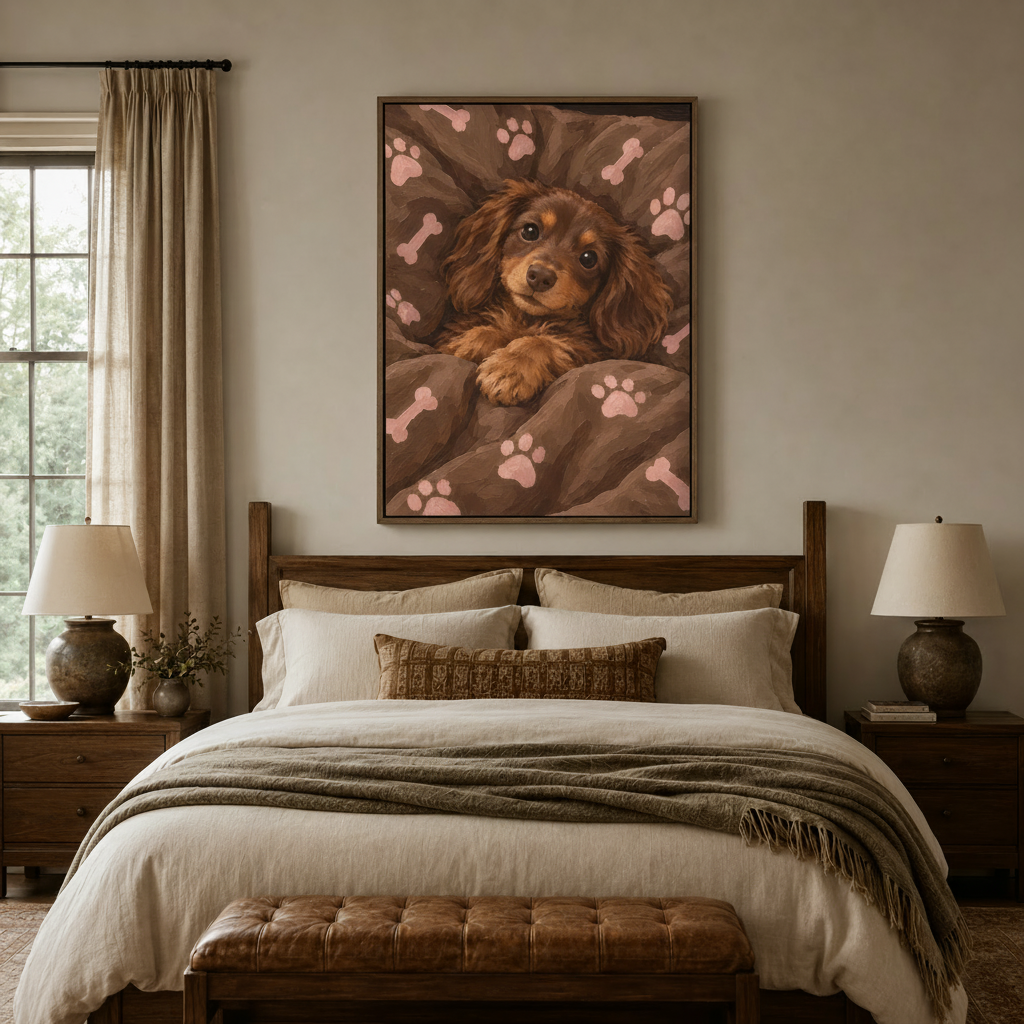 Cozy spaniel puppy portrait impasto canvas wall art displayed above bed in warm neutral bedroom