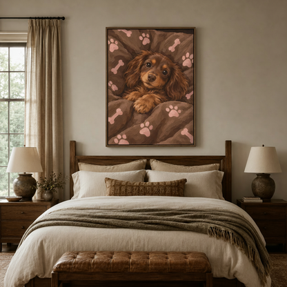 Cozy spaniel puppy portrait impasto canvas wall art displayed above bed in warm neutral bedroom