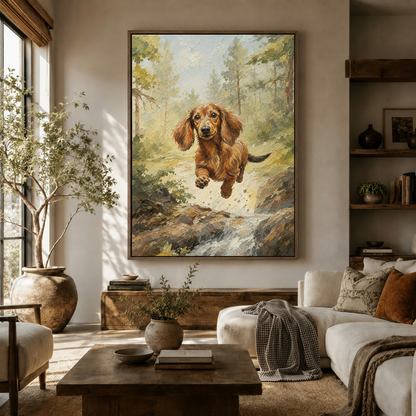 Dachshund forest run impasto canvas wall art displayed in a warm neutral living room