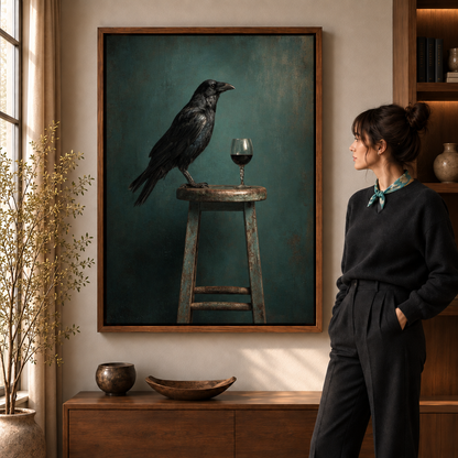 Moody raven wine canvas wall art displayed above a dark wood console in a warm living room
