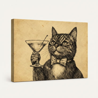 Gallery wrapped canvas of bow tie cat holding cocktail glass, parchment ink etching style side view