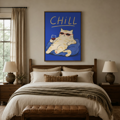 Chill cat sunglasses wine kawaii canvas wall art displayed above bed in warm neutral bedroom