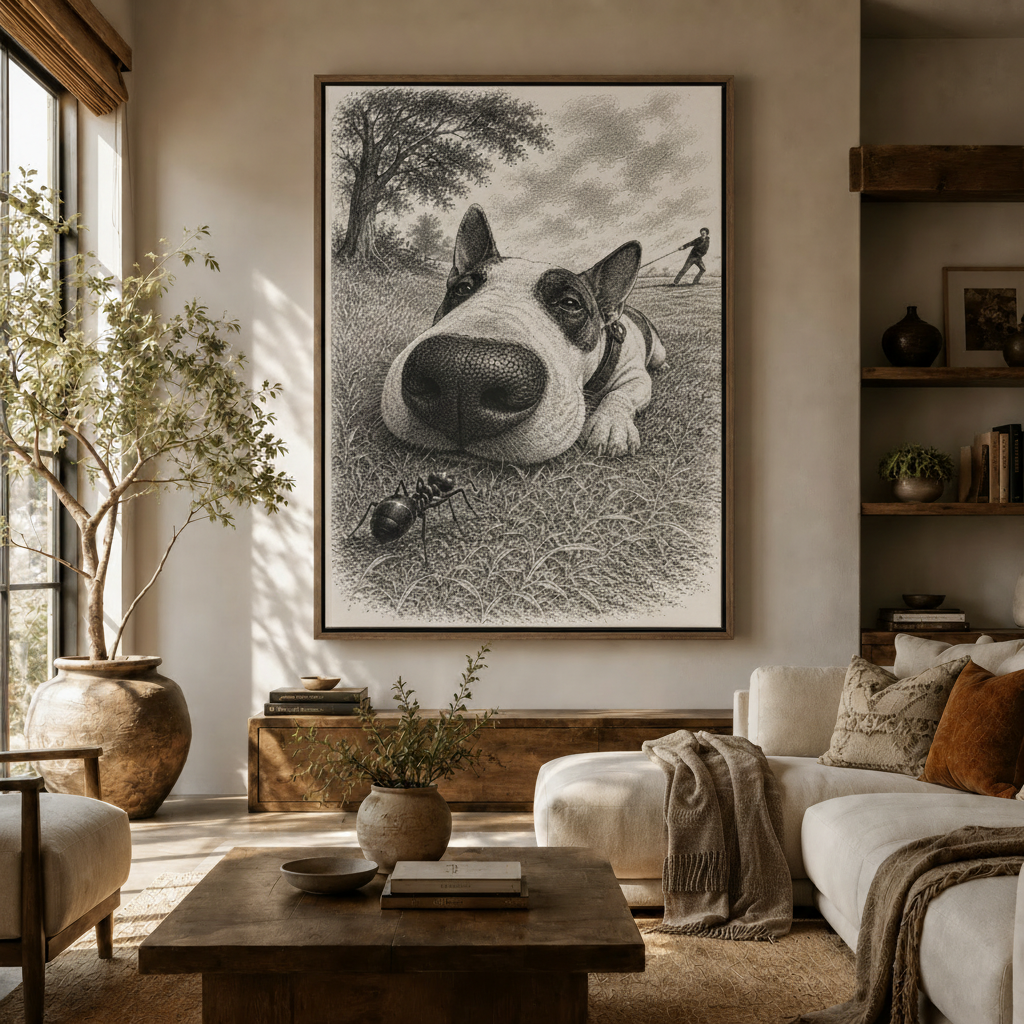Bull Terrier vintage engraving canvas print displayed large above credenza in warm neutral living room