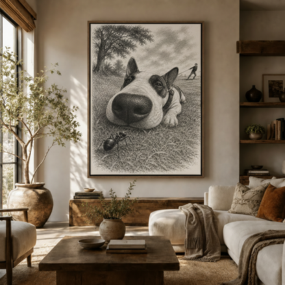 Bull Terrier vintage engraving canvas print displayed large above credenza in warm neutral living room