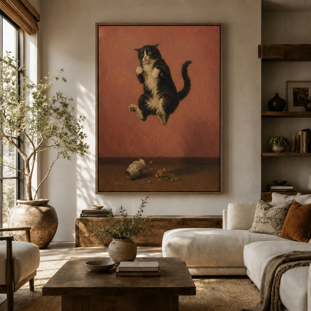 Funny jumping cat oil painting in walnut float frame displayed in modern living room