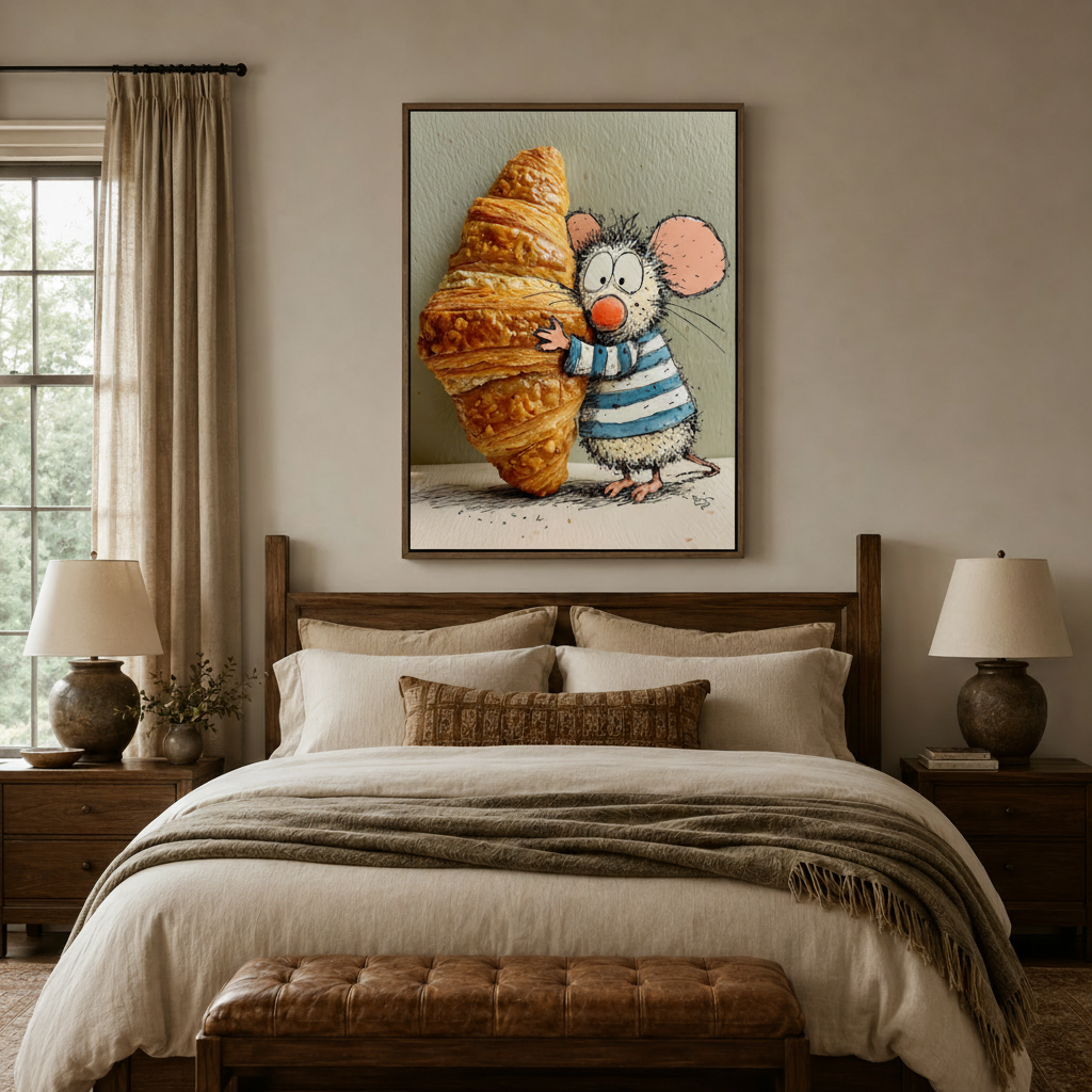 Funny cartoon mouse hugging giant croissant canvas in walnut float frame above cozy bedroom bed