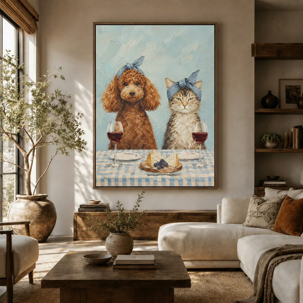 Whimsical dog and cat dining canvas wall art displayed in a warm living room setting