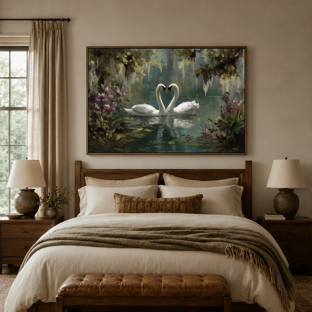 Two swans heart shape lake classical romantic canvas wall art displayed above warm neutral bedroom headboard