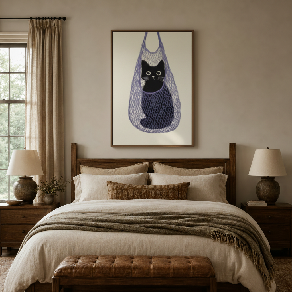 Black cat canvas wall art in lavender net bag above walnut bed headboard in cozy bedroom