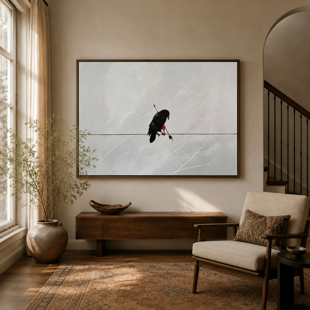 Minimalist raven canvas print in dark walnut float frame displayed above console in warm entryway
