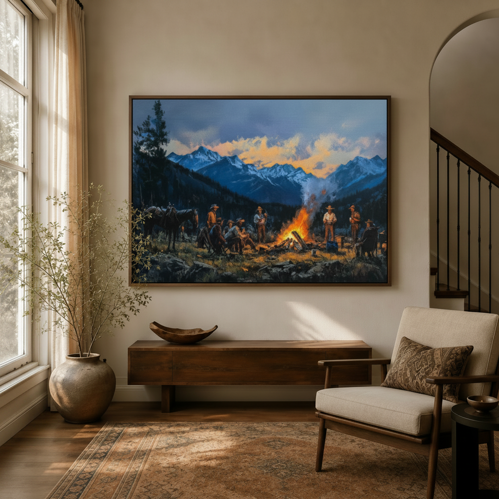 Western campfire oil painting canvas in dark walnut float frame displayed above console in warm neutral entryway