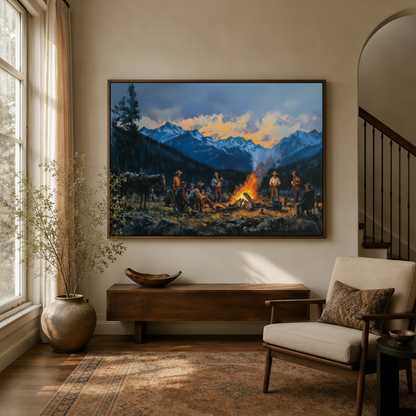 Western campfire oil painting canvas in dark walnut float frame displayed above console in warm neutral entryway