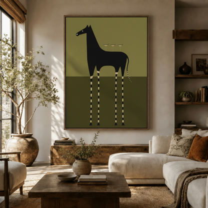 Abstract horse wall art in olive green hanging above a cream sofa in a bright modern living room