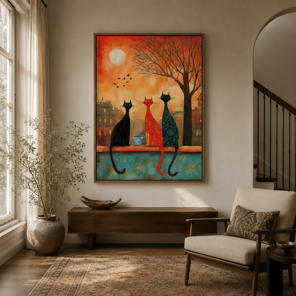 Three cats moon night folk art canvas in walnut float frame hanging in warm neutral entryway with arched doorway