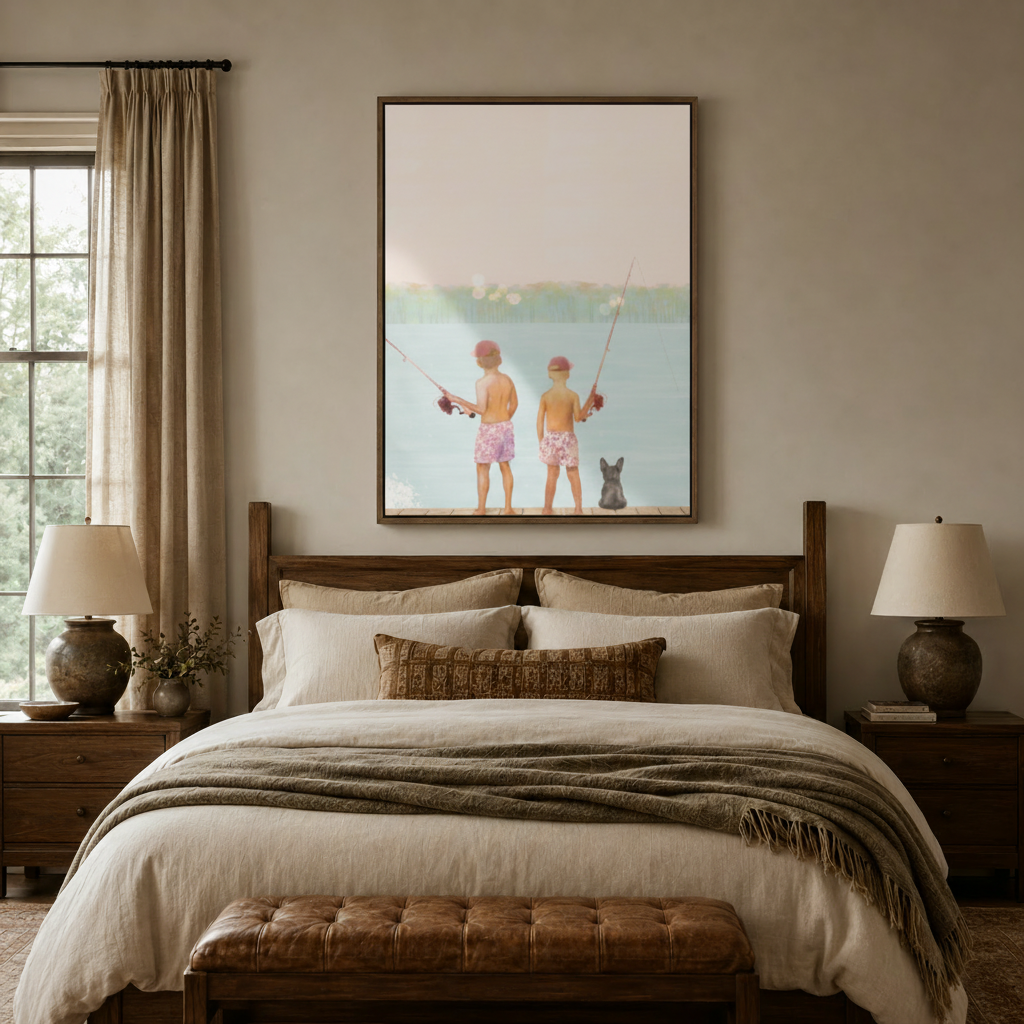 White goose flying geometric kite minimalist canvas in walnut float frame above cozy neutral bedroom headboard