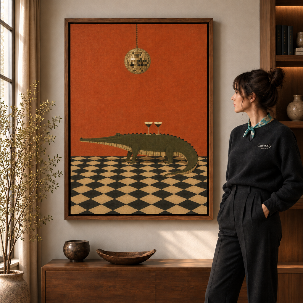 Surreal crocodile canvas wall art in a warmly lit living room with a window, sideboard, and standing woman.
