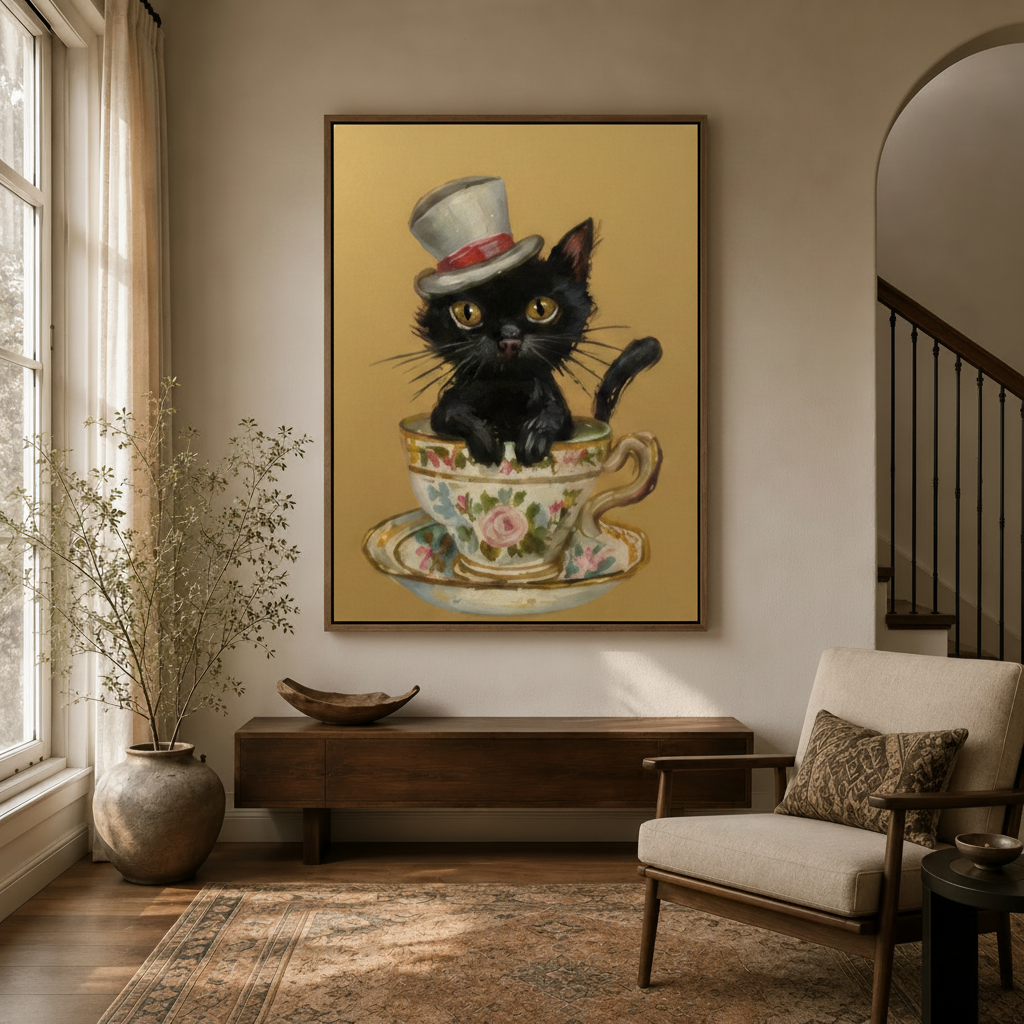 Framed black cat teacup canvas wall art hung in a warm neutral entryway beside a staircase