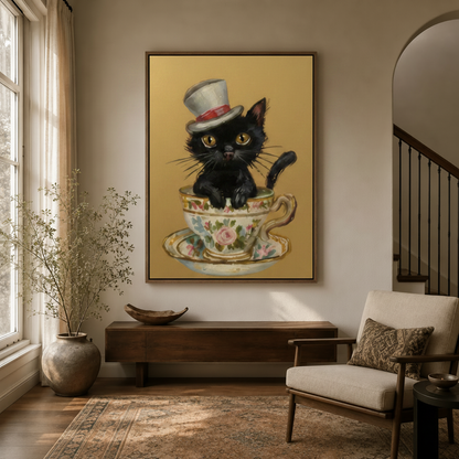 Framed black cat teacup canvas wall art hung in a warm neutral entryway beside a staircase